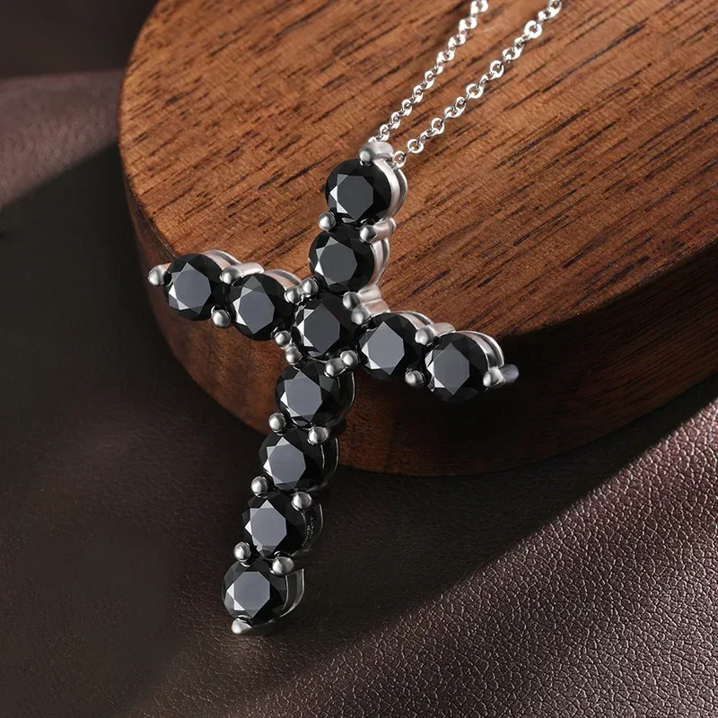 Black Moissanite Jesus Cross Pendant Necklace in Sterling Silver for Women Men Sparking Real Diamond Cross Chain Jewelry Gift