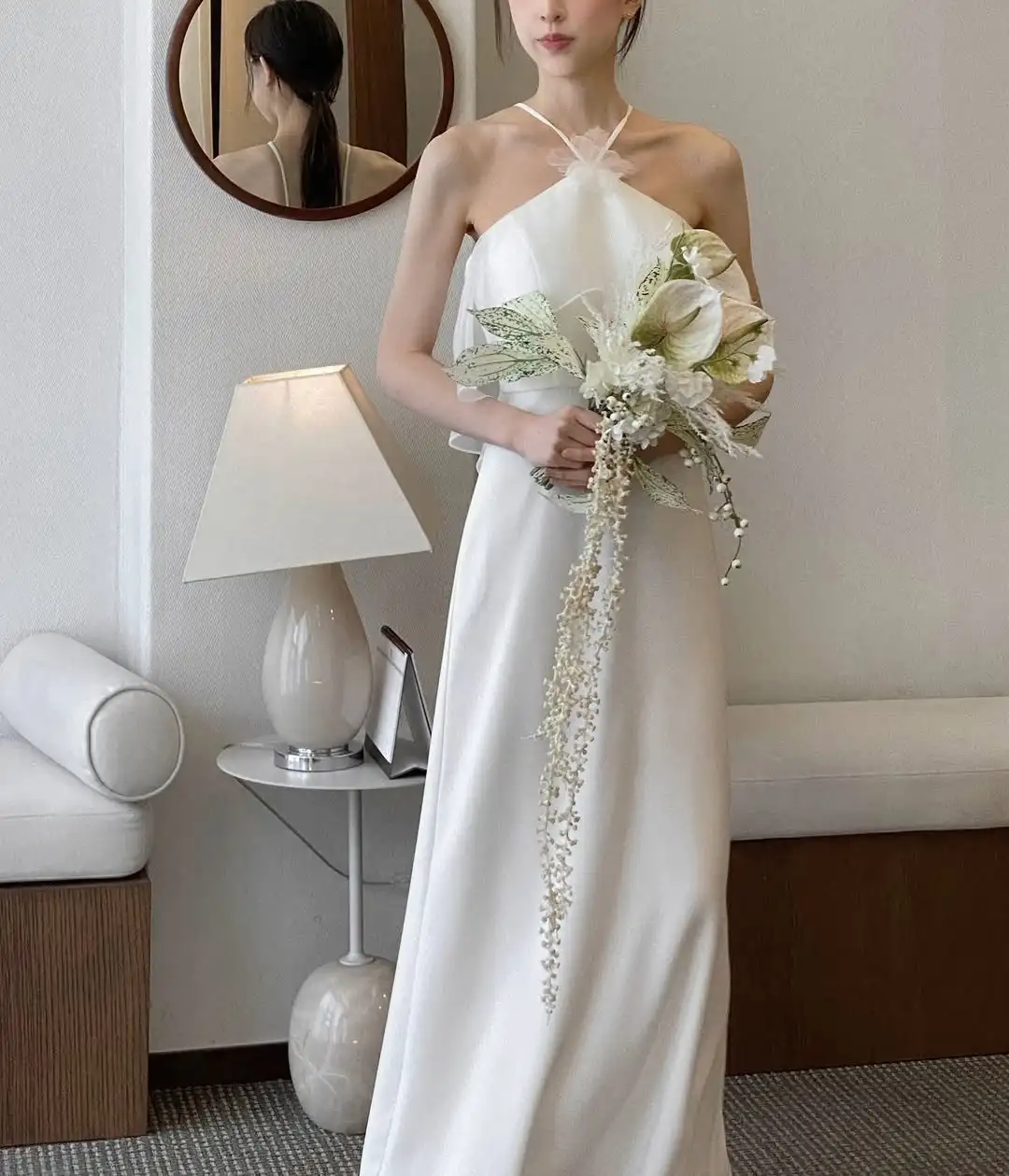 MD Simple Halter Satin Wedding Dress Sleeveless Korea Photoshoot Pleat Floor-Length Bridal Gown Applique Customized 웨딩드레스