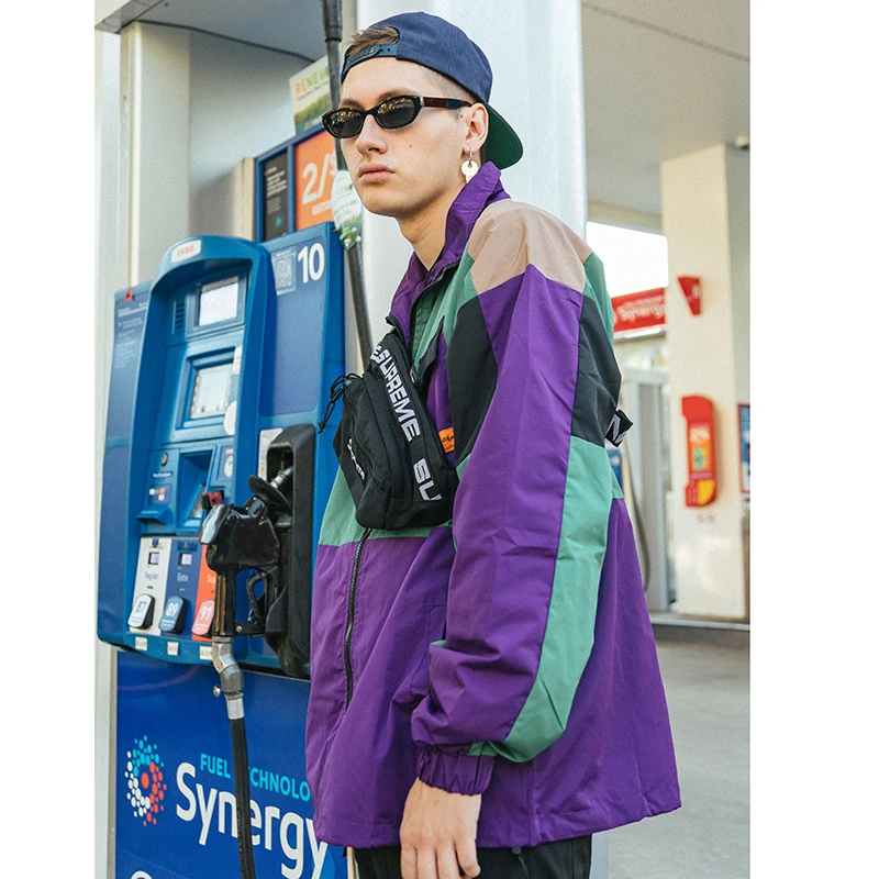 Hip Hop Streetwear Jacket WindBreaker Retro Color Block Patchwork Track Jacket Coat Men Harajuku Cotton Loose Jacket 2023