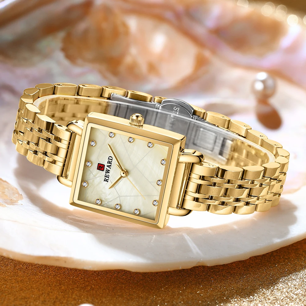 REWARD Womens Watches Fashion Luxury Golden Watch for Women Casual Waterproof Quartz Ladies Stainless Steel Wrist Watch