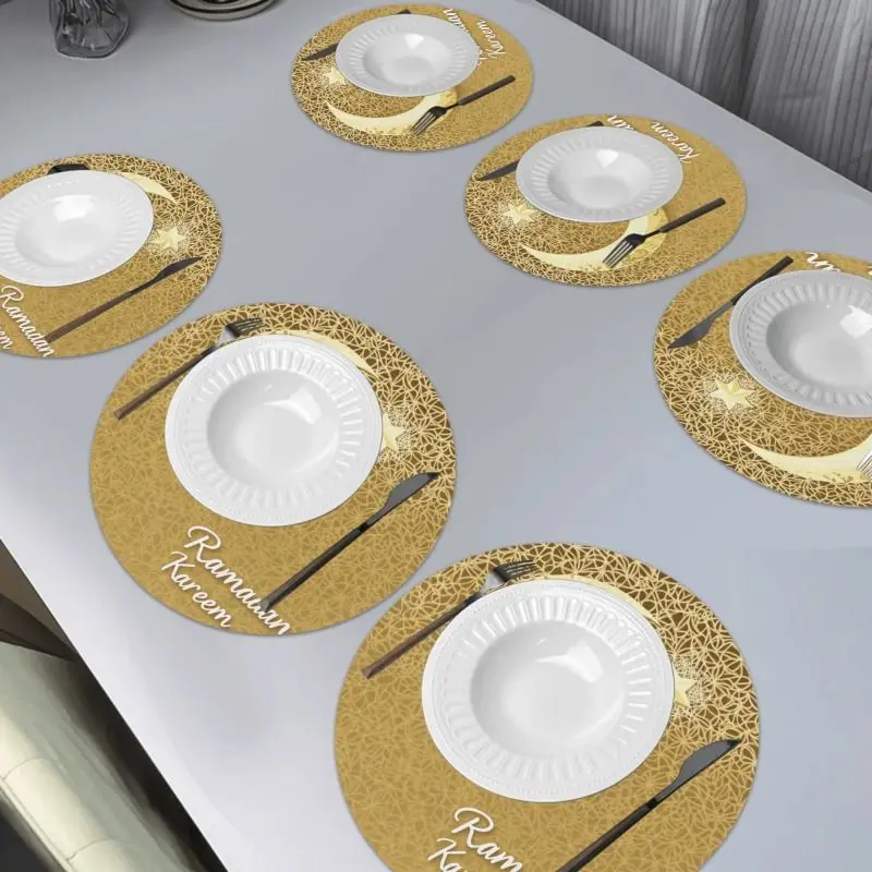 VIKAMA Golden Crescent Moon Star Round Placemat Gilded Backdrop White Moonlace Islamic Eid Mubarak Ramadan Table Mat Cozy Soft