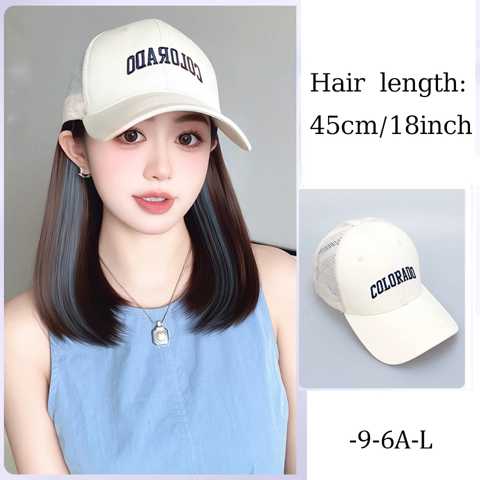 Fashion White Baseball Cap With Synthetic Wig One Piece Women Summer Synthetic Long Straight Hair Adjustable Hat Wig