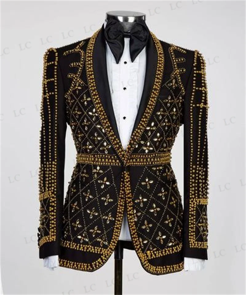 

Luxury Men Suits Stylish One Piece Blazer One Button Wide Lapel Beads Diamonds Party TuxedoSlim Wedding Groom Plus Size Tailored