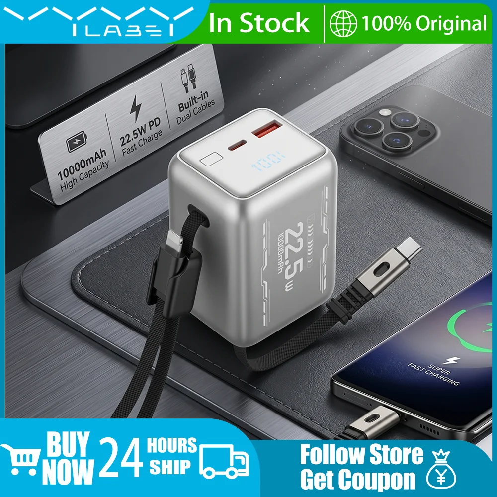 10000mAh Mini Power Bank 22.5W Fast Charge Powerbank External Battery with USB-C Lightning Cable for iPhone 17 16 Huawei Samsung