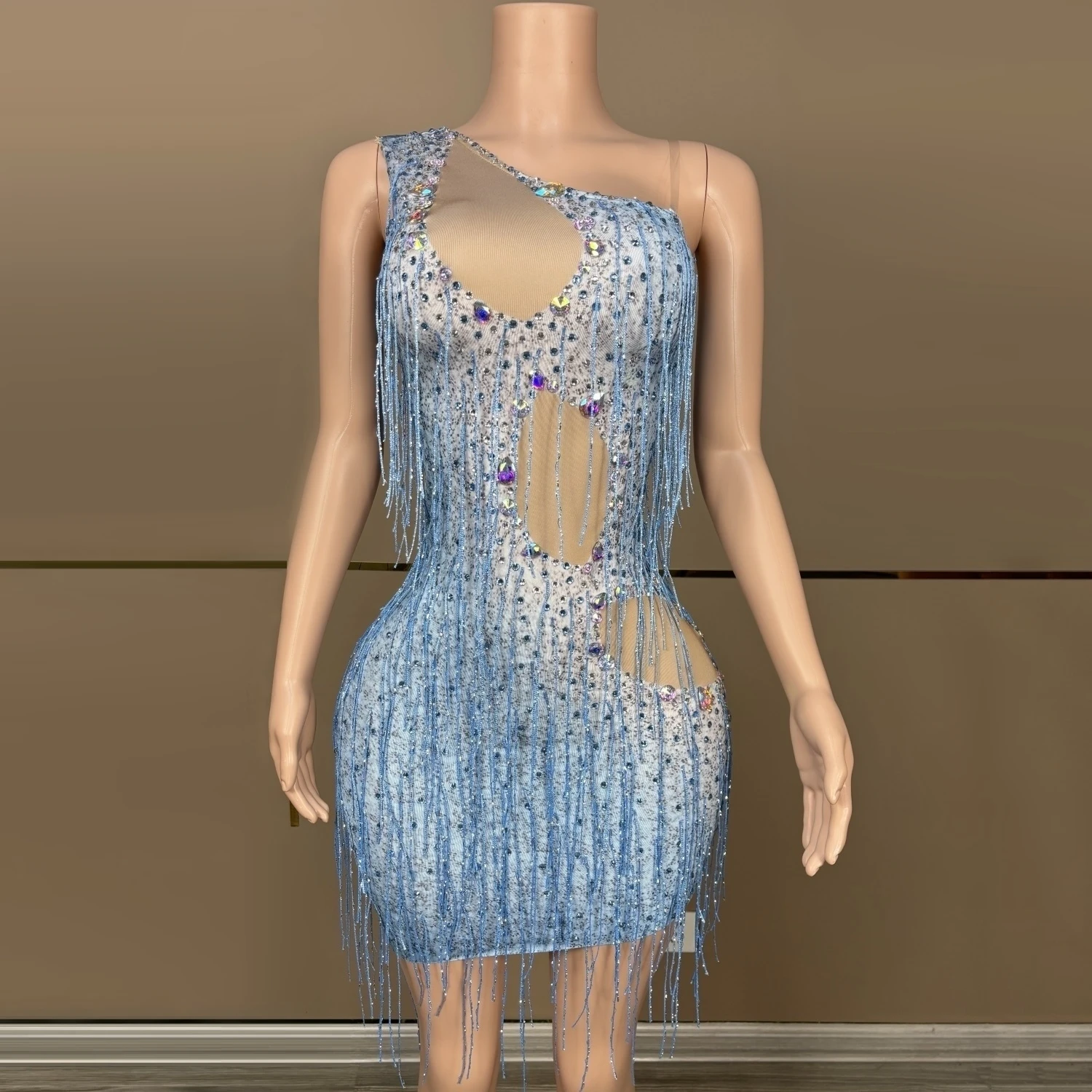 

Flashing Rhinestones Tassels Sexy One Shoulder Sheath Mini Dress Evening Party Performance Costume Nightclub Singer Stage Wea