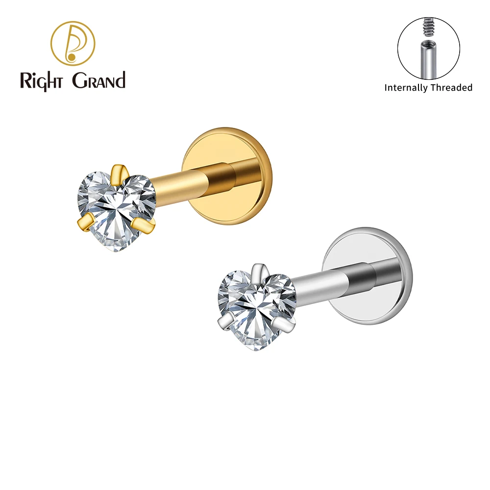 Right Grand ASTM F136 Titanium 16G Heart CZ Internally Threaded Flat Back Labret Cartilage Tragus Helix Nose Stud Piercing