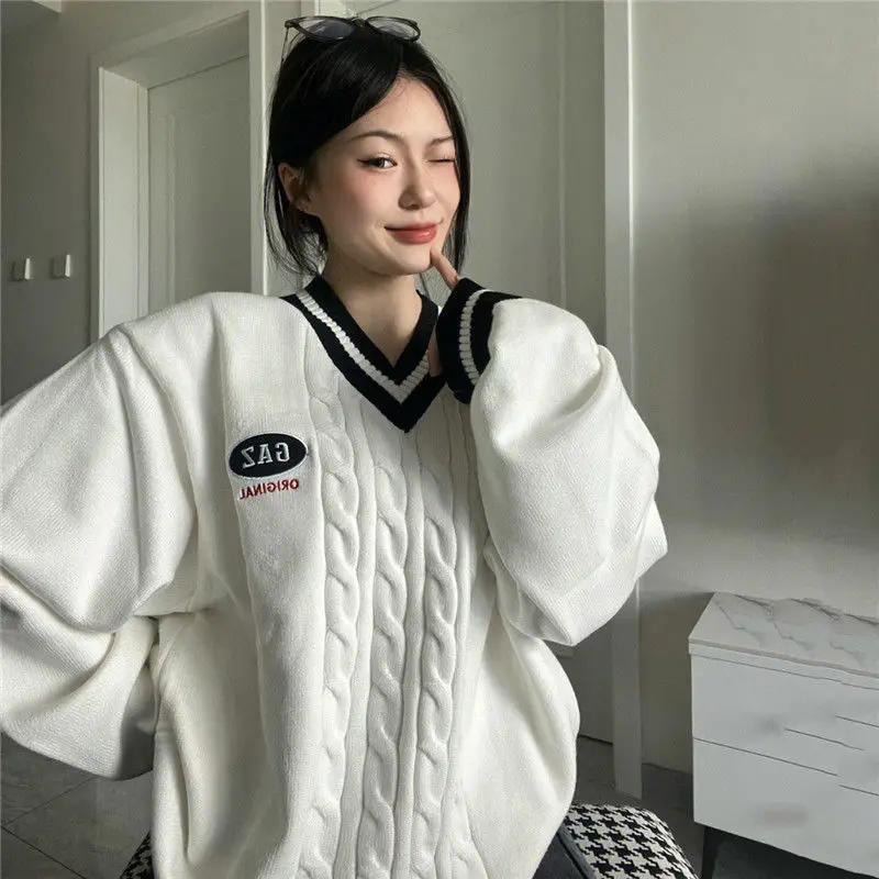 

Deeptown Korean Style Oversize Sweaters Women Vintage V-neck Knitted Pullovers Female Preppy Look Japanese School Uniform Jumper