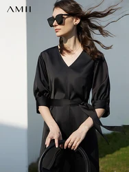 AMII Minimalism Dress for Women 2023 Spring New Fashion Satin Dress Office Lady V-neck Belt Lantern Sleeve Black Dress 12341111