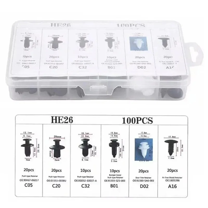 100pcs With 1pc Tool Car Retainer Clips Set Auto Fasteners Push Trim Clips Pin Rivet Bumper Kit