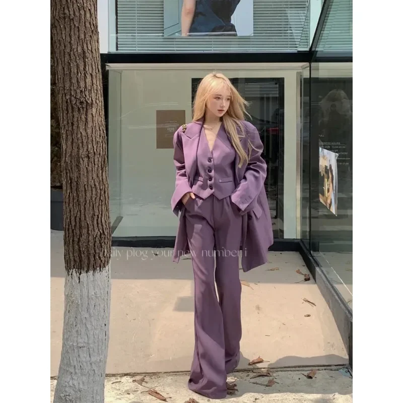 

Insozkdg Spring Autumn Vintage Blazer Coat Vest Wide Leg Pants Set Purple Loose Fitting Suit V-neck Vest Pants Three Piece Sets