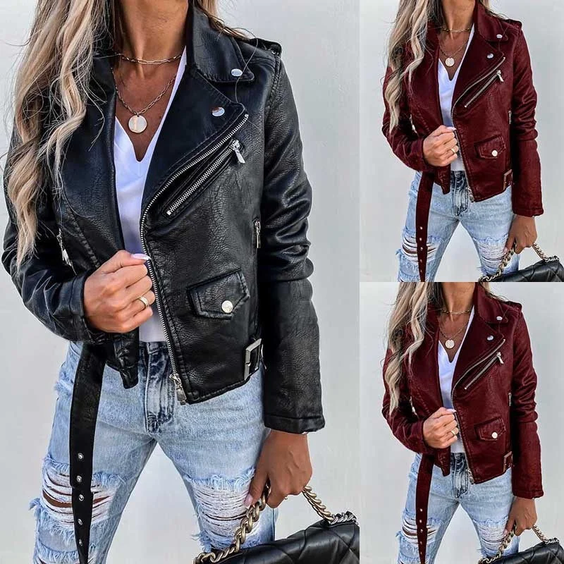 Motorcycle Jacket Women Fur Coat Leather Wind Zipper Machine PU Leather Coat S3XL Women's Fashion Short Length Long Sleeve