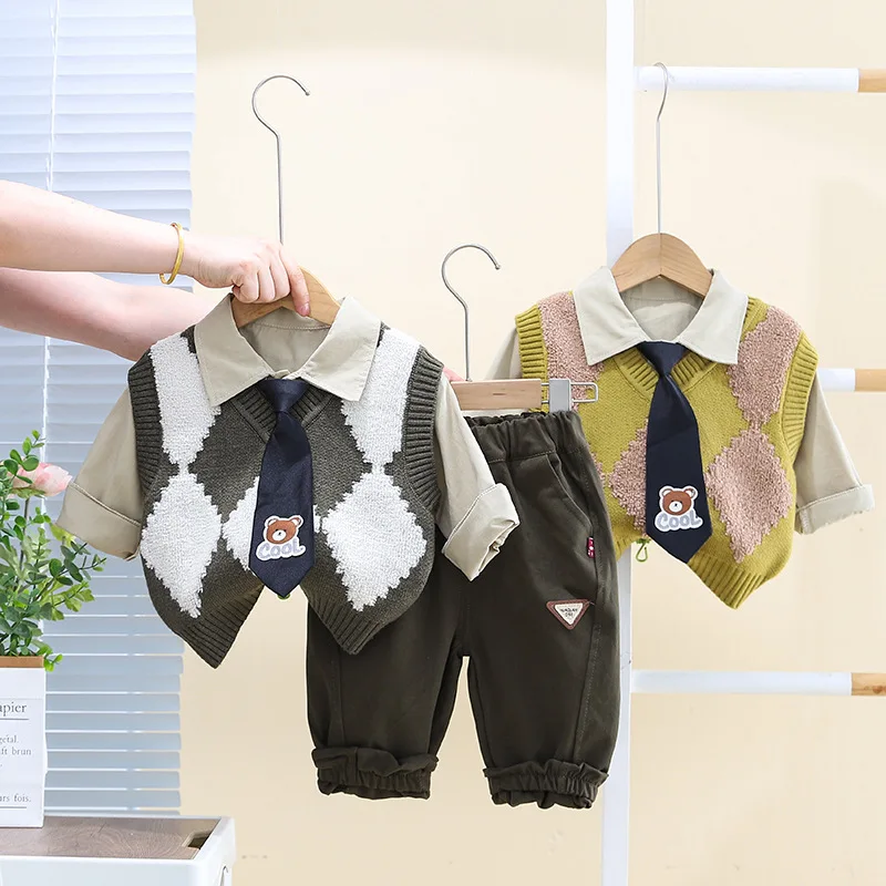 Autumn Korean Toddler Boys 3PCS Clothes Set Solid Polo Shirts Argyle Tie Colalr Vest Sticker Pants Suit Kids Baby Boys Outfits