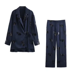 PB&ZA 2024 Summer New Women's Fashion and Elegance Slim Fit Versatile Sequin Decoration Cardigan Coat Straight Leg Pants Set