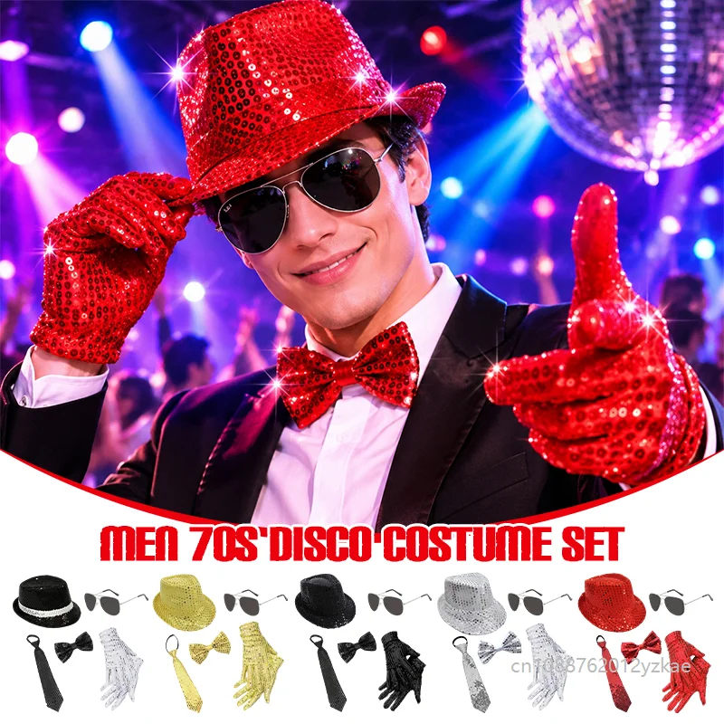 Men 70s Disco Costume Set Sequin Hat Sunglasses Bow Tie Necktie Gloves Halloween Party Cosplay Stage Performance Accessories