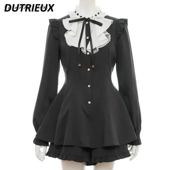 

Japanese SC Suit Stand-up Collar Tie Slimming Waist-Controlled Top Mass Production Long Sleeve Shirt Base Shorts Two-Piece Set
