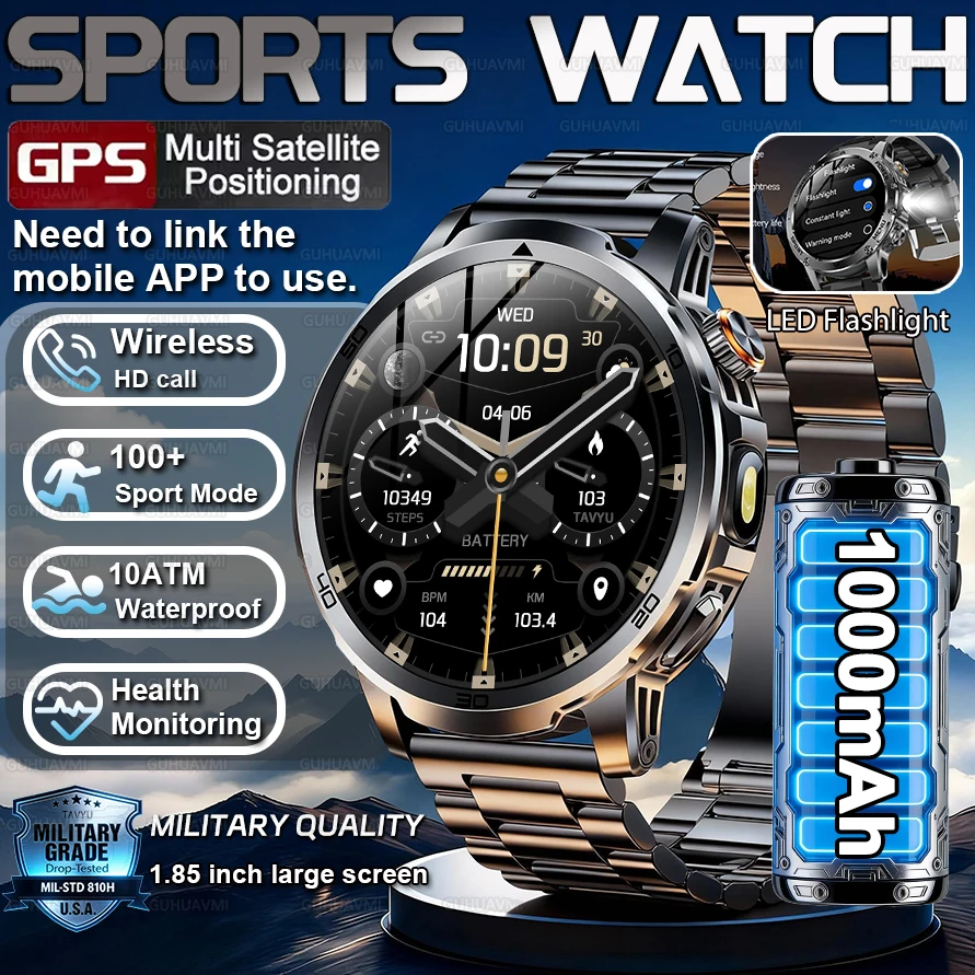 

Новые умные часы с аккумулятором 1000 мАч, водонепроницаемые, 10ATM, с AMOLED-экраном 1,85 дюйма, HD-вызовами, фонариком, спортивный военный фитнес-браслет