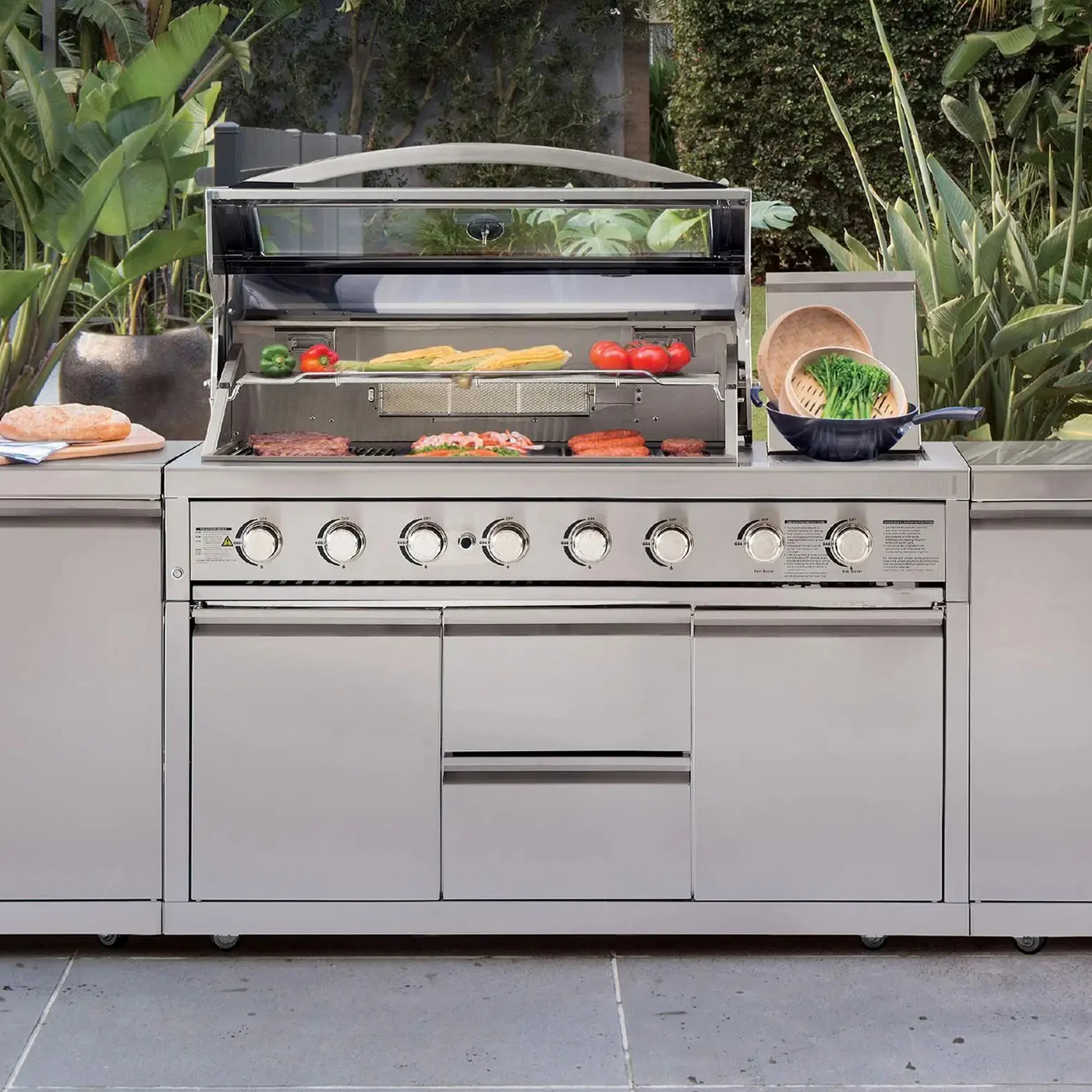 Outdoor Garden Kitchen Set With Kitchen BBQ Cabinets And Kitchen Bar