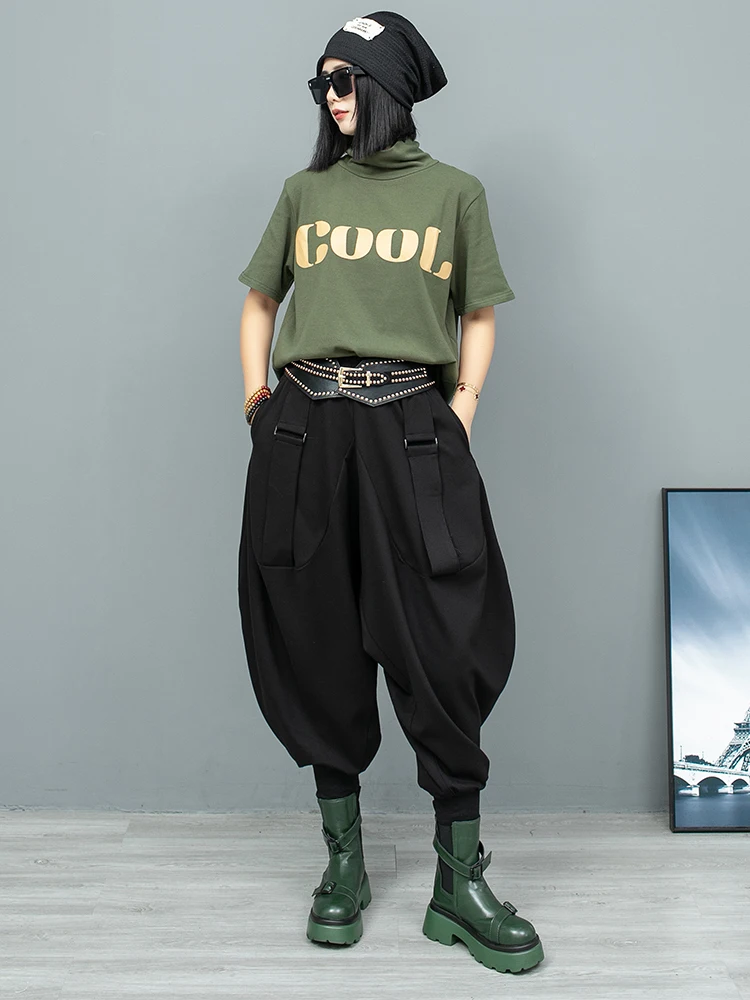 Trendy Fashion Pant Set Autumn Women Loose High Neck Thick Short Sleeved T-shirt + Lantern Pants Two Piece Set LX2066