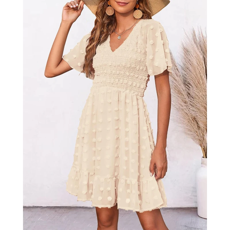 Womens Beach Vacation Dress V Neck Short Sleeve Smocked Dot Casual Ruffle Mini Spring Summer Dresses 2025