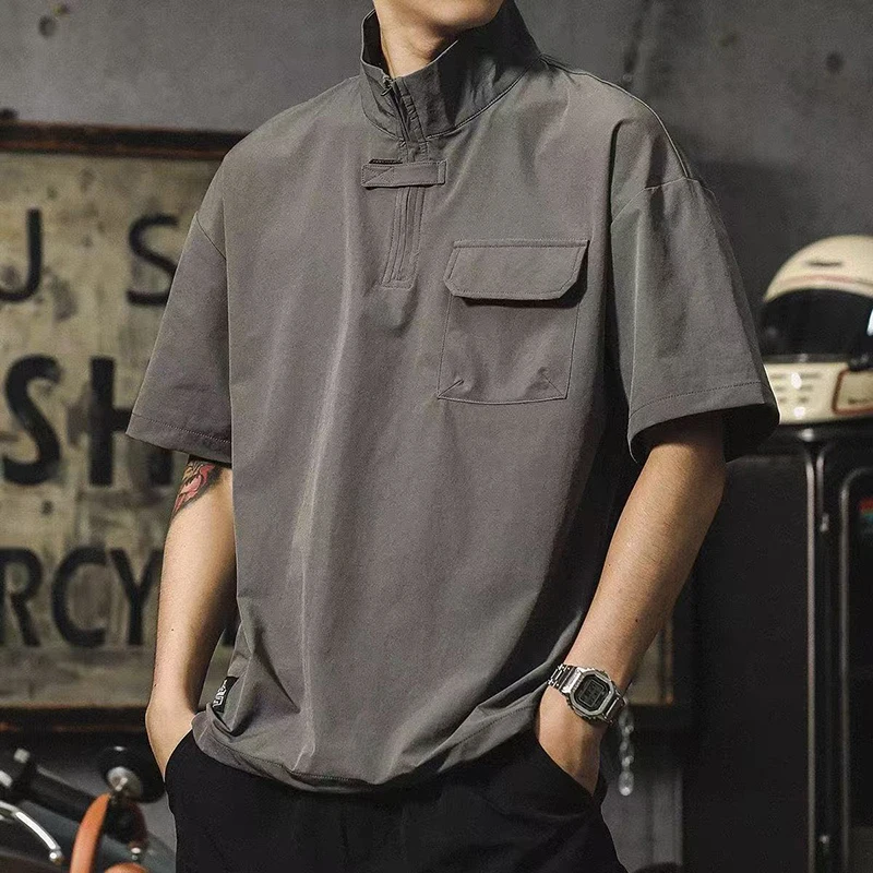 Men's Summer American Workwear Short Sleeve Polo Shirt Ice Silk Quick Dry Half Zip Stand Collar Loose Casual Pocket Tee Top