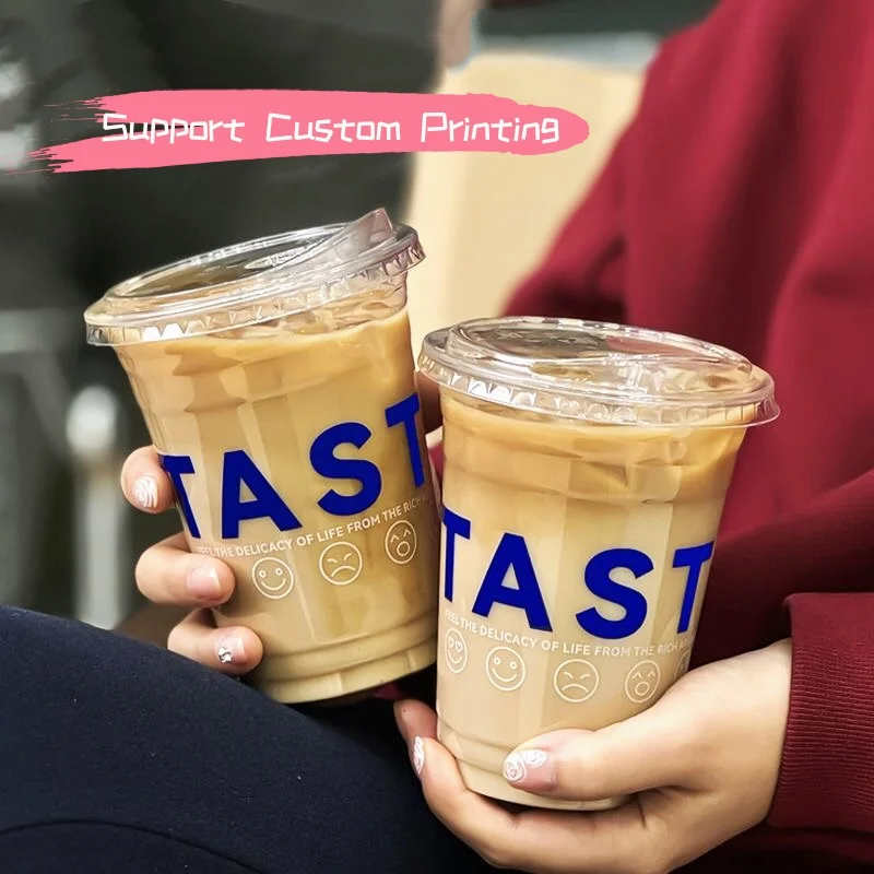 Disposable Transparent Plastic Cup with Lid,Custom Coffee Cups, Milk Tea Cups, Beverage Cups with Logo Printing