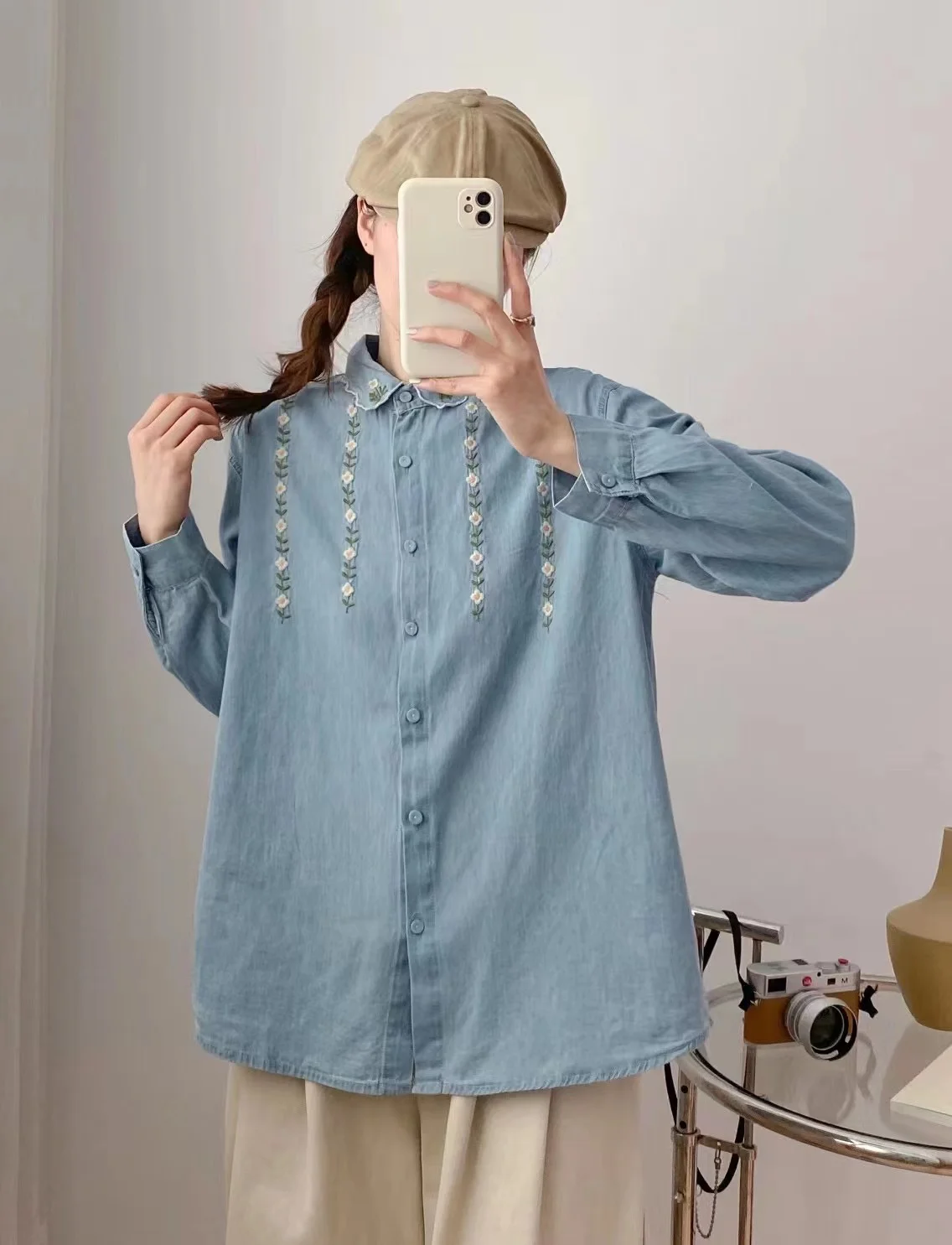 Harajuku y2k Denim Blouses Women Vintage Floral Top Spring Korean Fashion Embroidery Denim Shirts Original Design Denim Cardigan