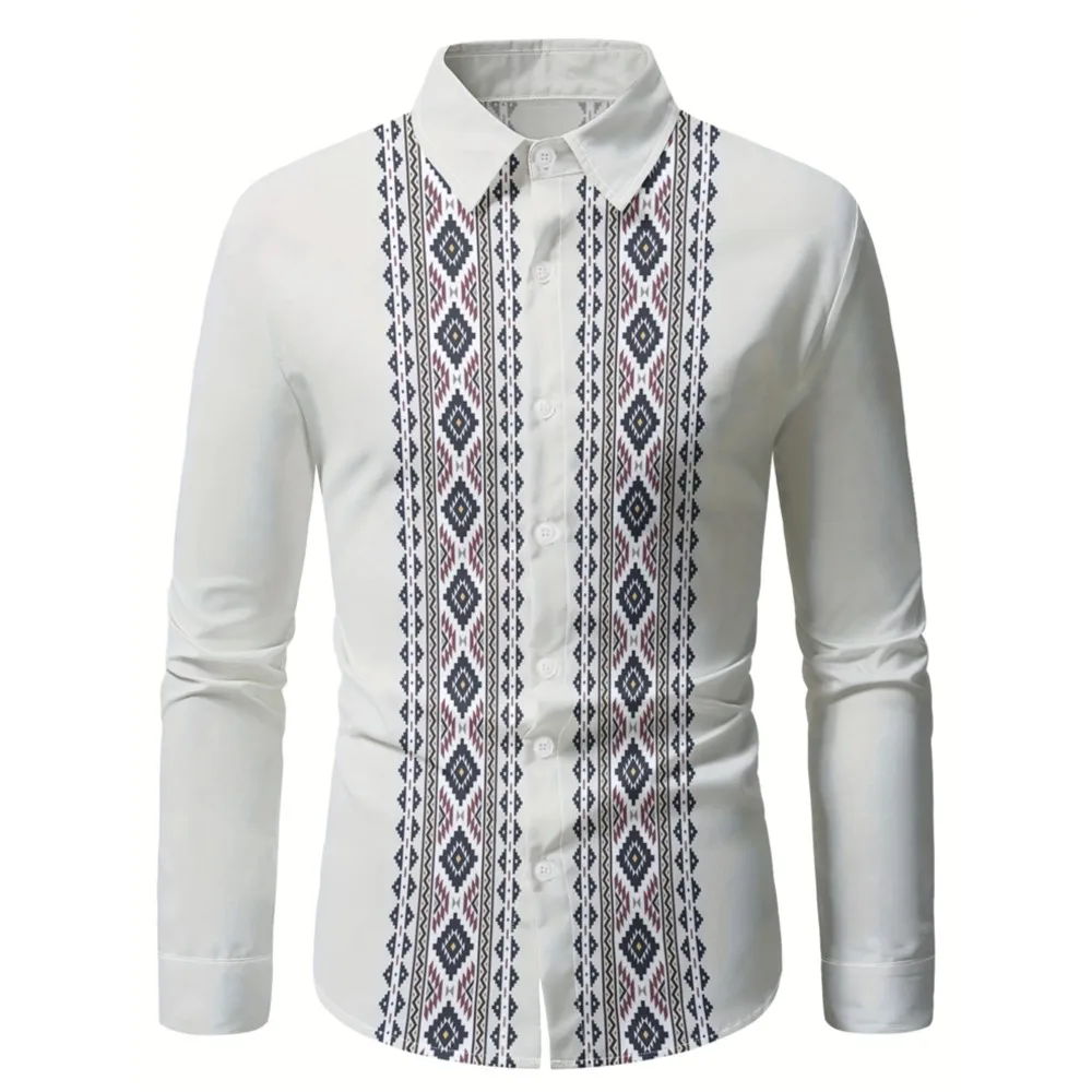 

Men's Vintage Fashion Casual Long Sleeve Shirt Breathable Top Ethnic Textured Casual Business Shirt Flip Collar Full SleeveShirt
