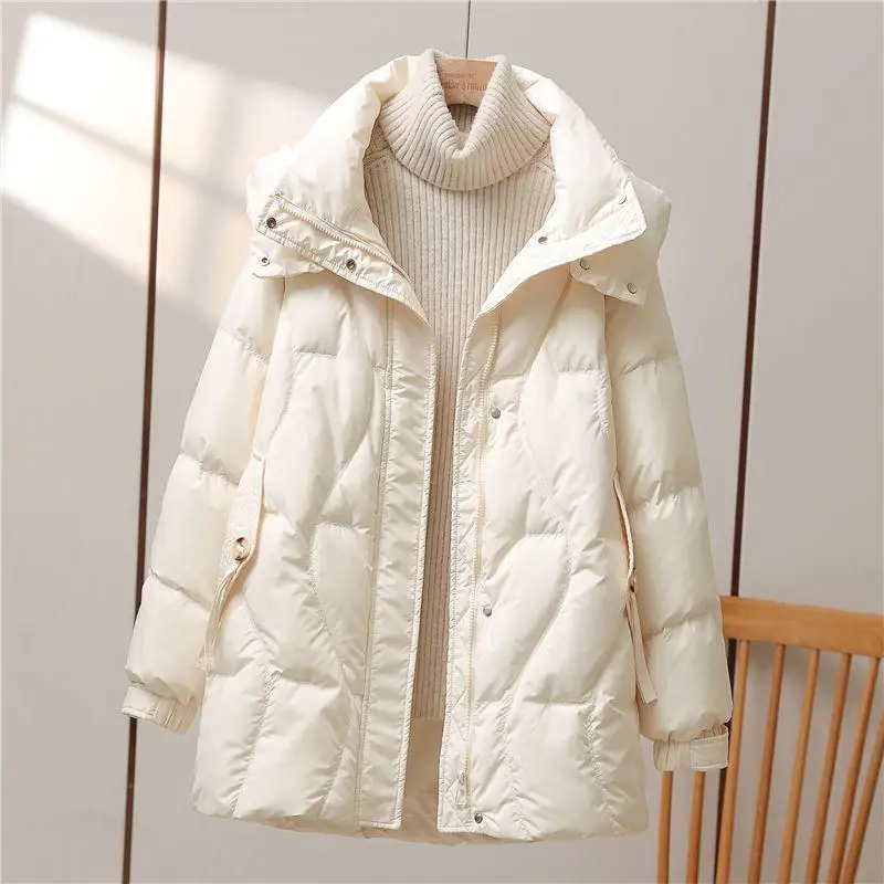 

White Du down Puffer Jaet Women's Mid-Length Hooded Coat Ele Small Size Outerwear Commute Sle Regular Sve Long Z...