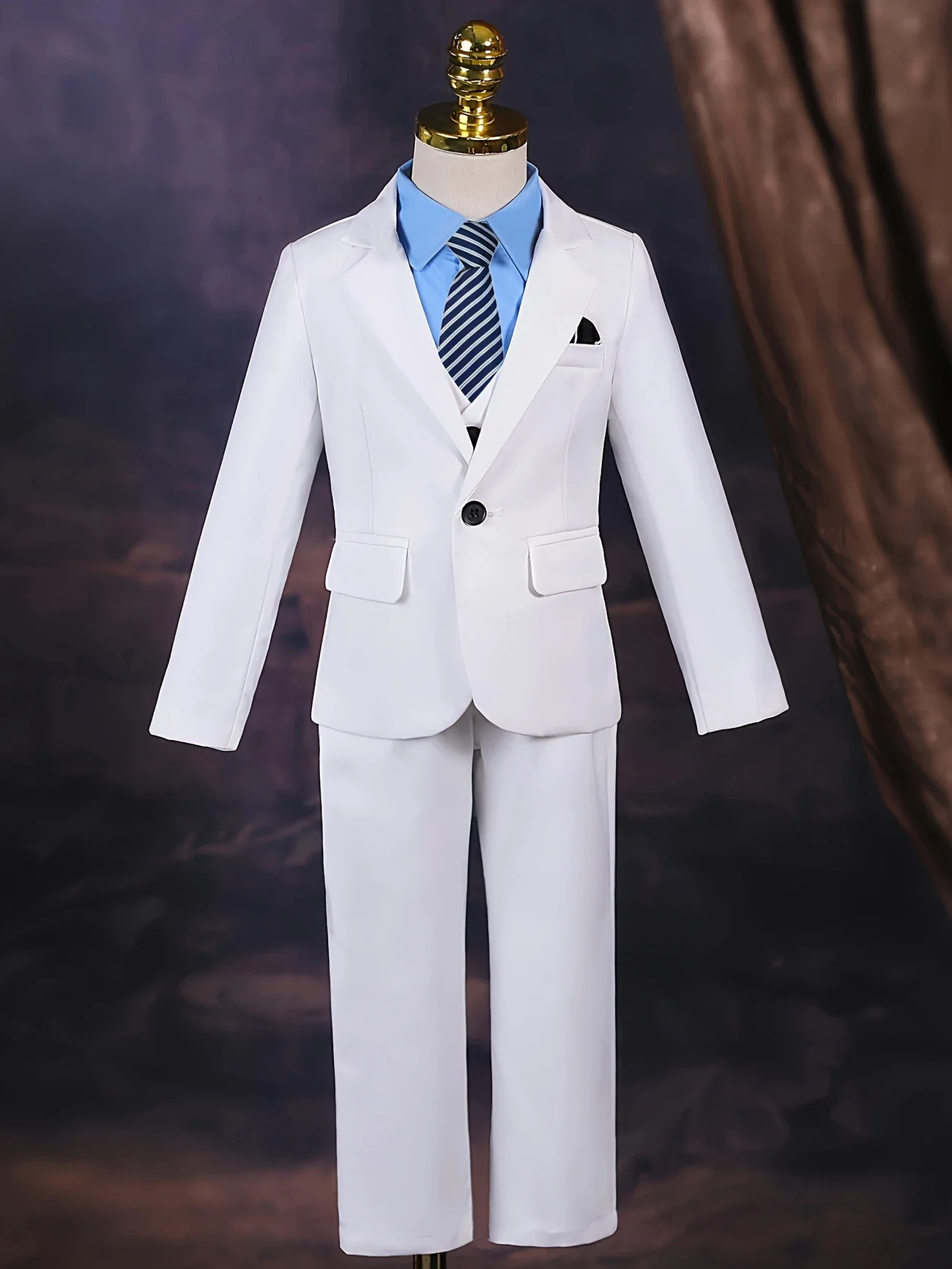 

Flower Boys White 4Pieces/Set Jacket Vest Pants Bowtie Wedding Suit Kids Formal Birthday Dress Children Host Performance Costume