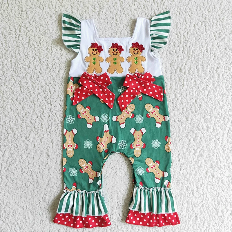 

Baby Girl Christmas Newborn Embroidery Gingerbread Green Jumpsuit Short Sleeve Cotton Snap Botton Kids Romper Toddler Clothes
