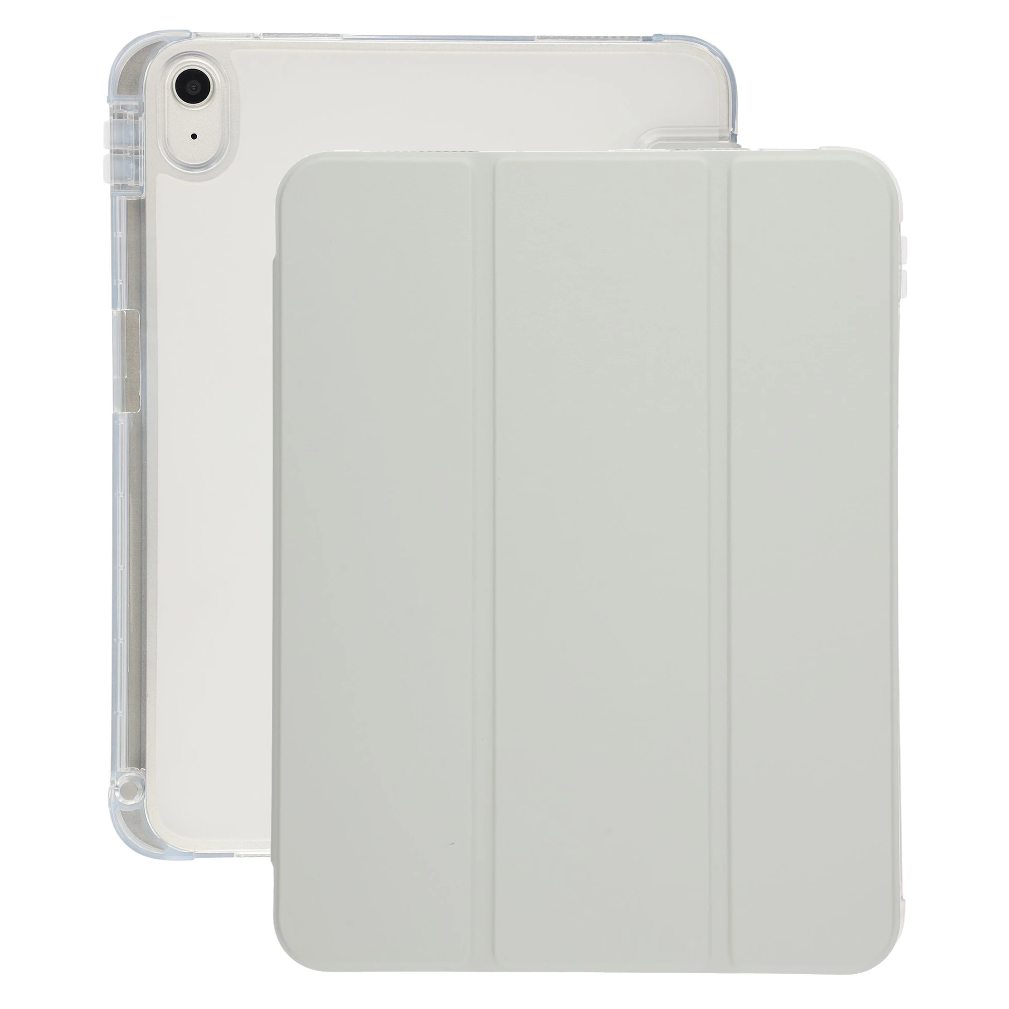 For iPad (2025)  /  10.9 (2022) Tri-Fold Stand PU Leather Cover Transparent TPU Tablet Case with Pen Slot - Grey