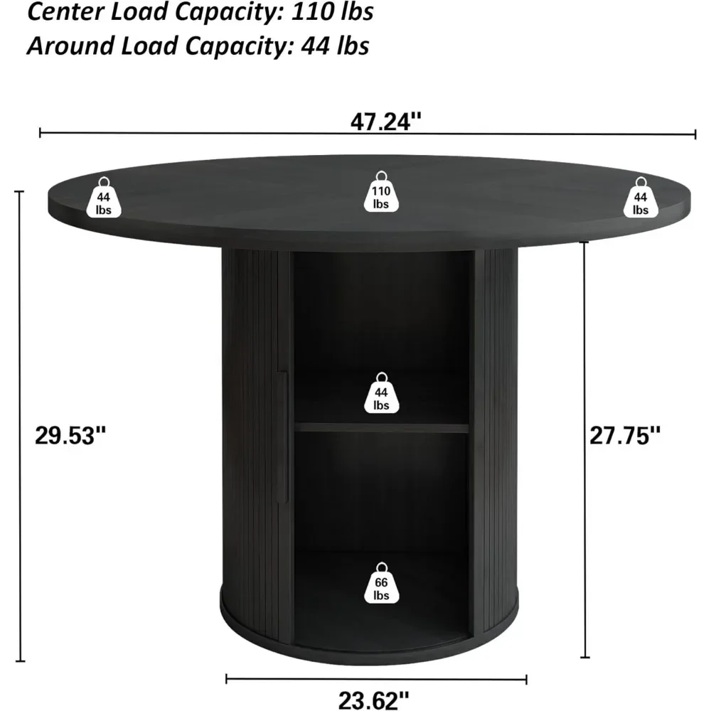 Table à manger ronde de 47 pouces pour 4, table d'appoint de cuisine avec étagère de rangement à 2 niveaux et porte marketen bois pour salle à manger à la maison