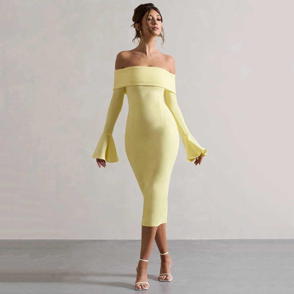 

Sheath Cocktail Dresses Off the Shoulder Tea Length Long Sleeves Midi Cocktail Gowns for Women 2025 Column Simple Party DRess
