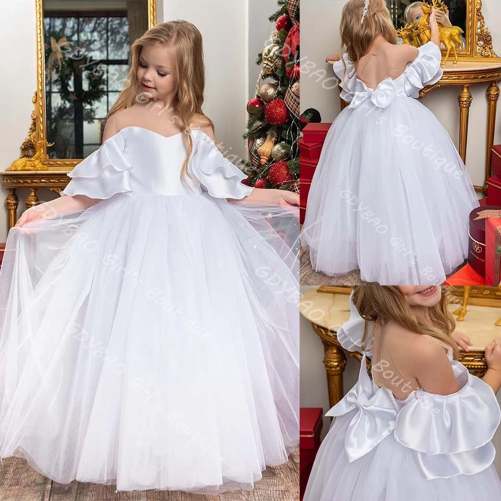 

White Flower Girl Dresses for Wedding Toddler Sheer Neck Ruffle Sleeve Pageant Communion Dress Customized 2-14 Kids Party Gown