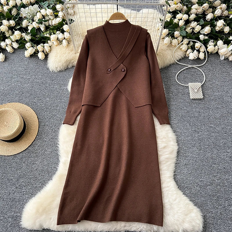 Autumn Winter Sweater Dress Two Piece Set Women's Versatile Knitted Vest Female Button Knit Vest Cover+slimming High Neck Dress