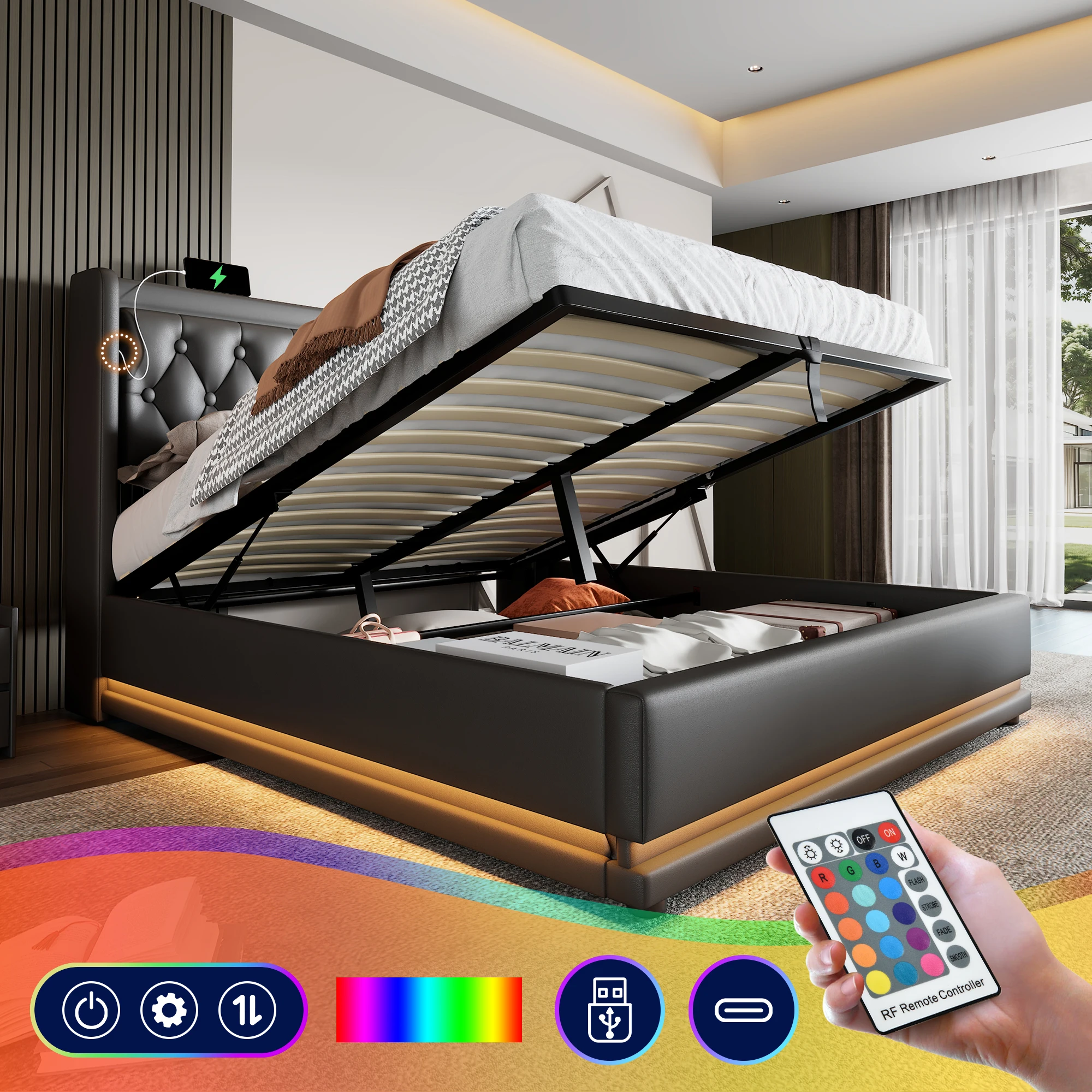 Upholstery bed 160x200 cm Black PU Material USB Type-C Charging Function 3-Sided LED (Without Mattress)