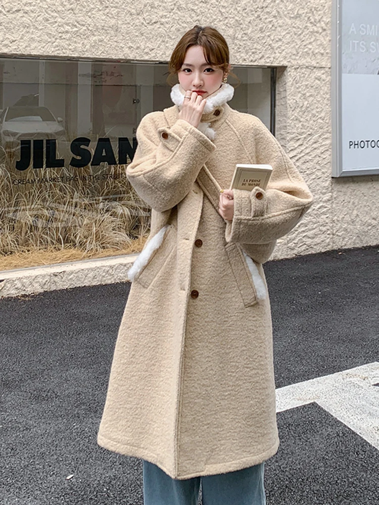 LANMREM Beige Fur Patchwork Medium Long Woolen Coat Jacket With Bag Included Women 2025 Winter Fashion Warm Coats 2DB1629