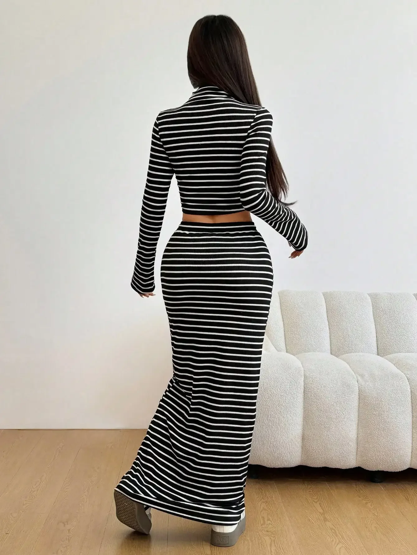 Spring Autumn Fashion Casual Women's Collared Long Sleeve Striped Short Top with Drawstring Waist Long Skirt 2-Piece Set