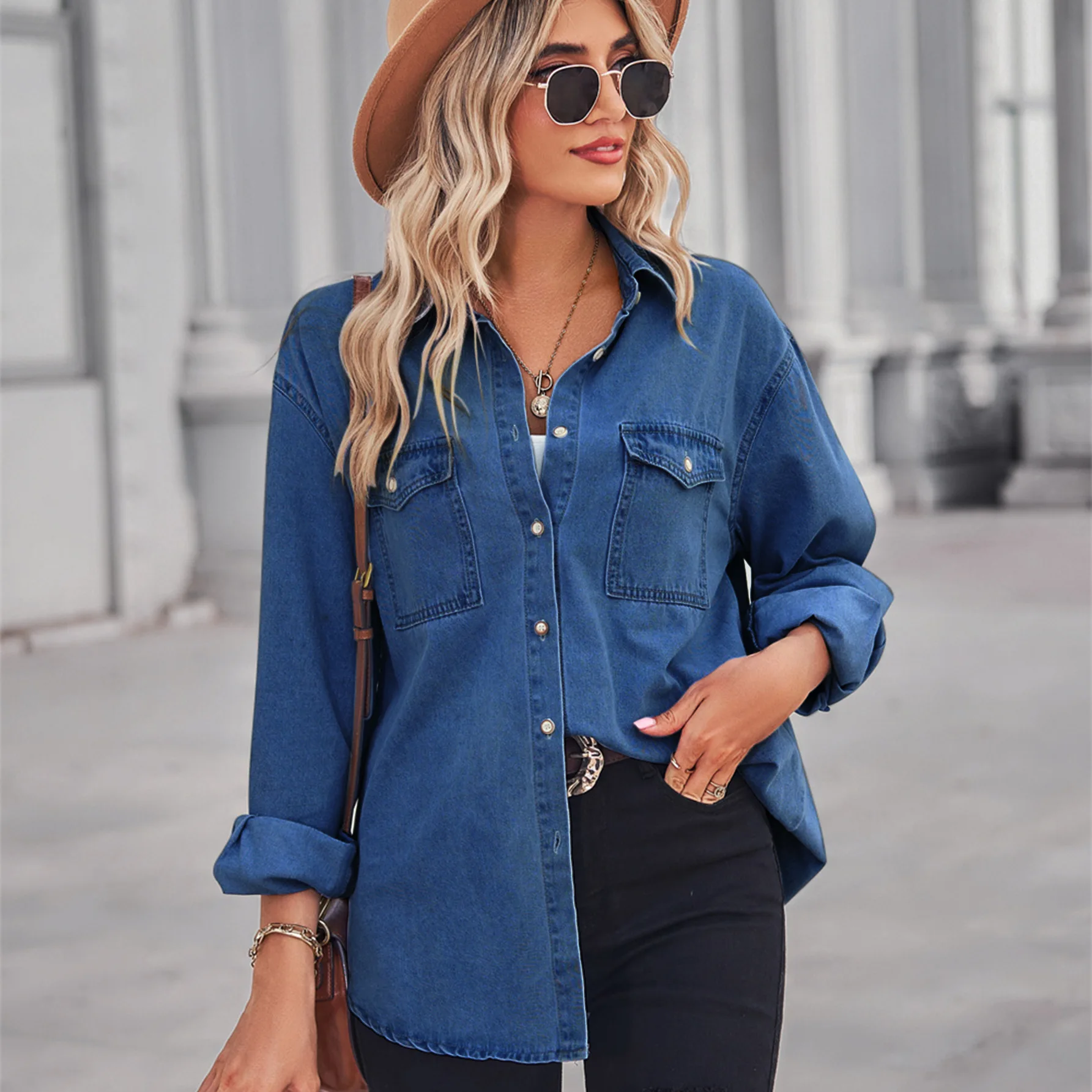 2024 fashion hot selling new light colored slimming thin denim long sleeved shirt for women