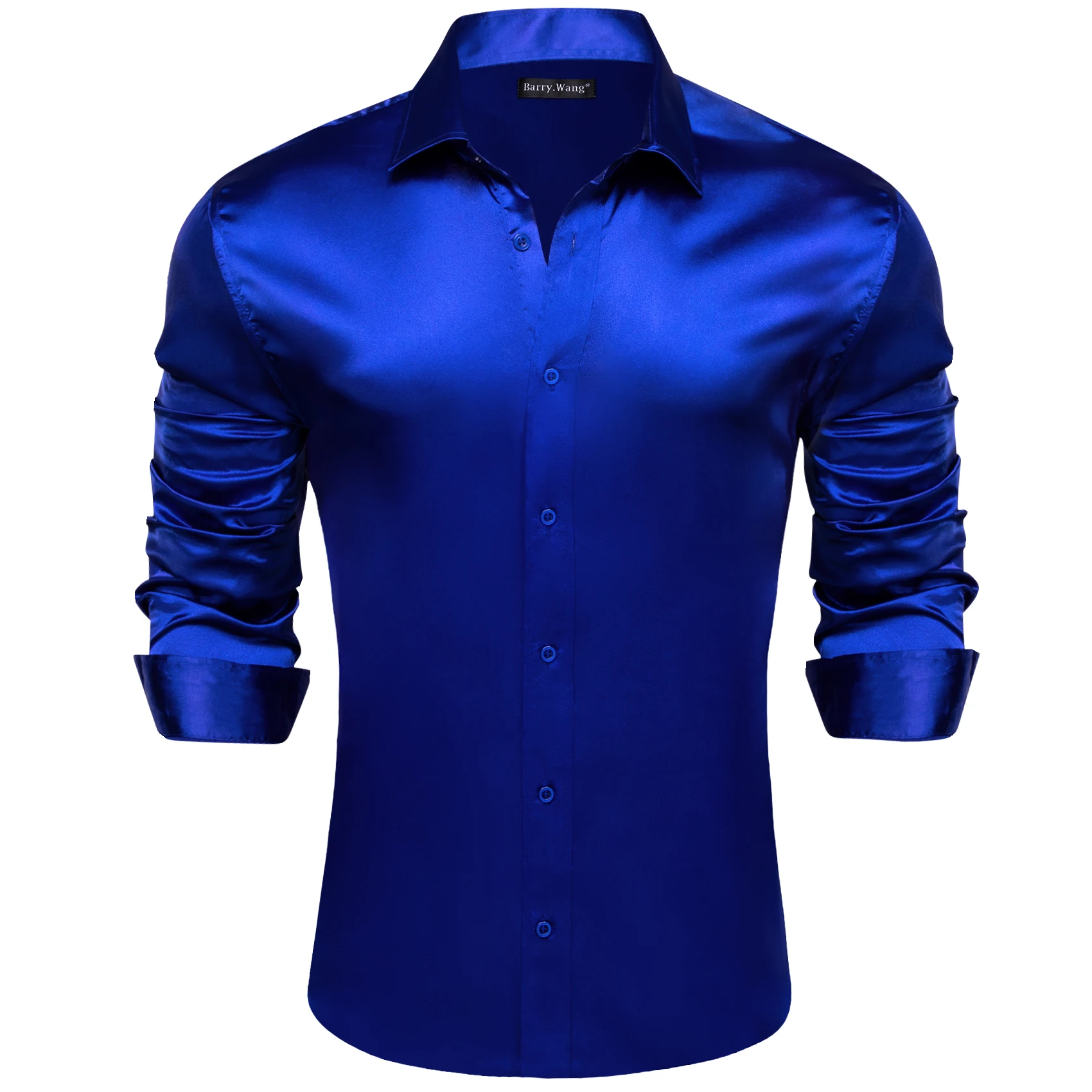 Designer Mens Shirts Silk Mercerized Solid Satin Royal Blue Long Sleeve Casual Business Slim Fit Male Blouses Tops Barry Wang