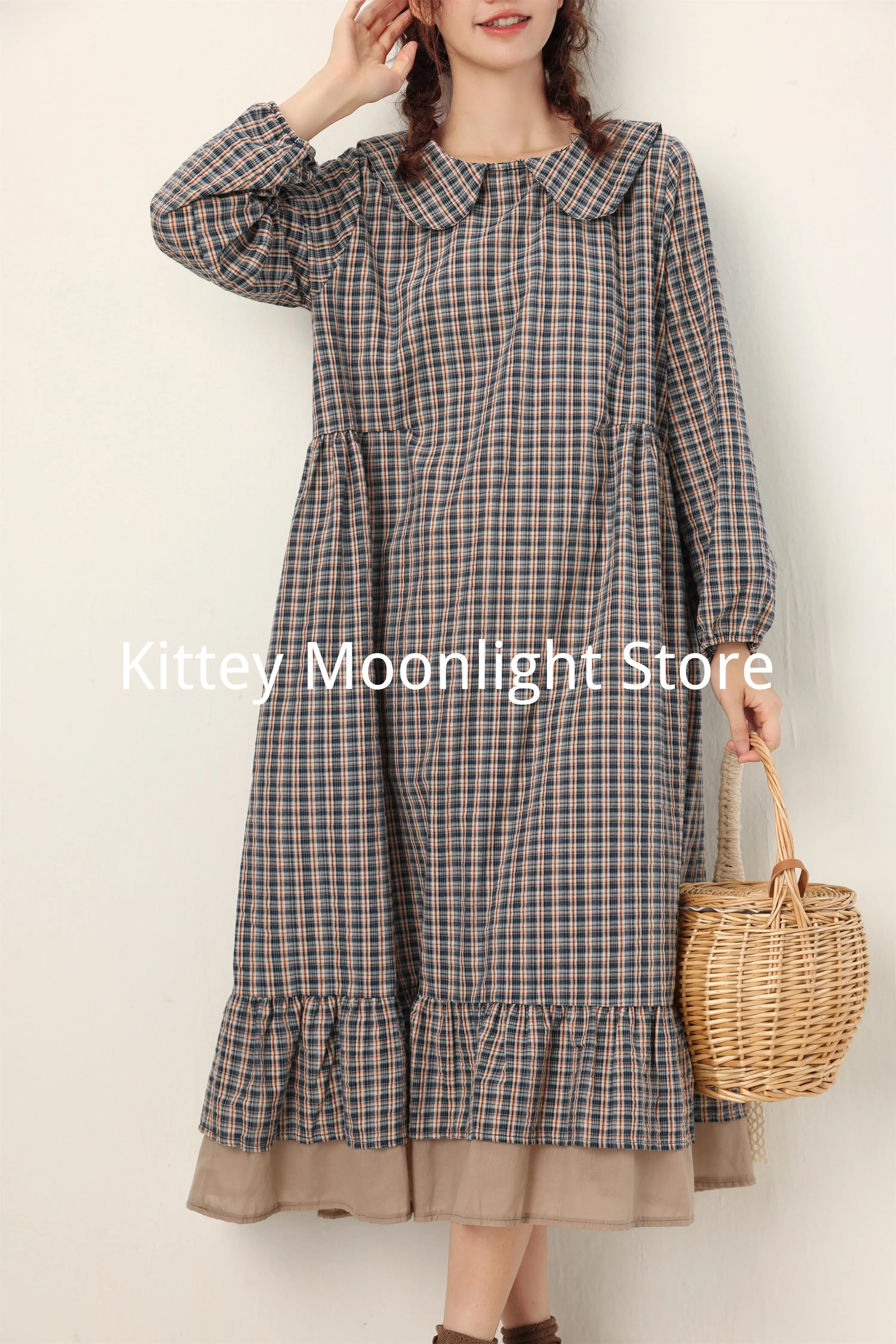 Vintage Plaid Mori Girl Dresses Women Autumn Japanese Sweet Doll Collar Long Sleeve A-line Dress Elegant Ruffles Female Vestidos