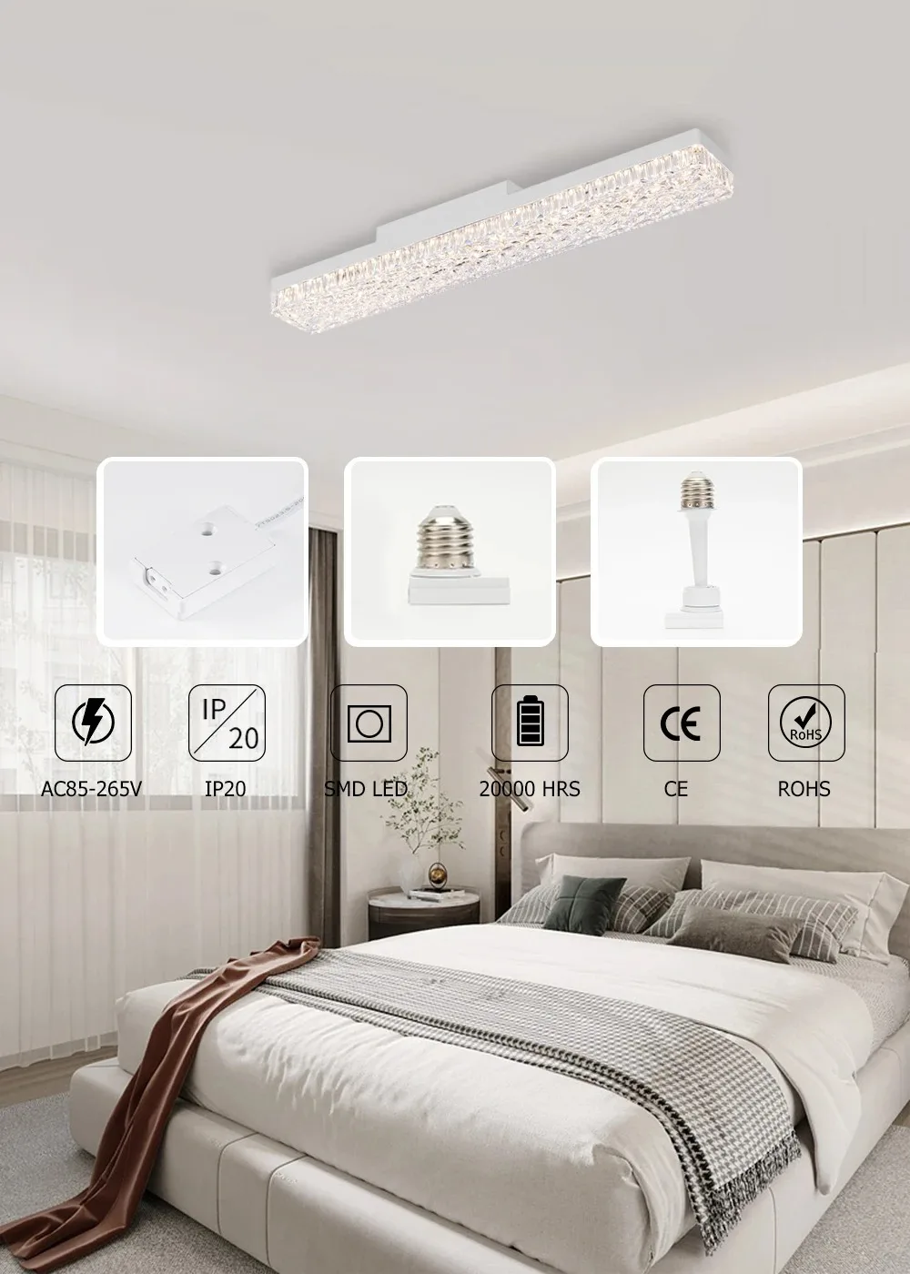 E27 LED Lamp Strip Tube Lighting Ac85-265V 18W/24W 6000K Bulb Adjustable Direction 360° Indoor Cold White Long Crystal Bulb