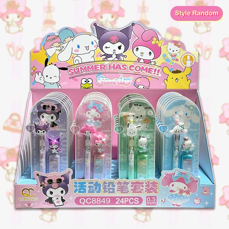 1Set Sanrio Melody Kuromi Cinnamoroll Pochacco 0.5mm Mechanical Pencil Eraser Stationery Set High Face Value Automatic Pencil