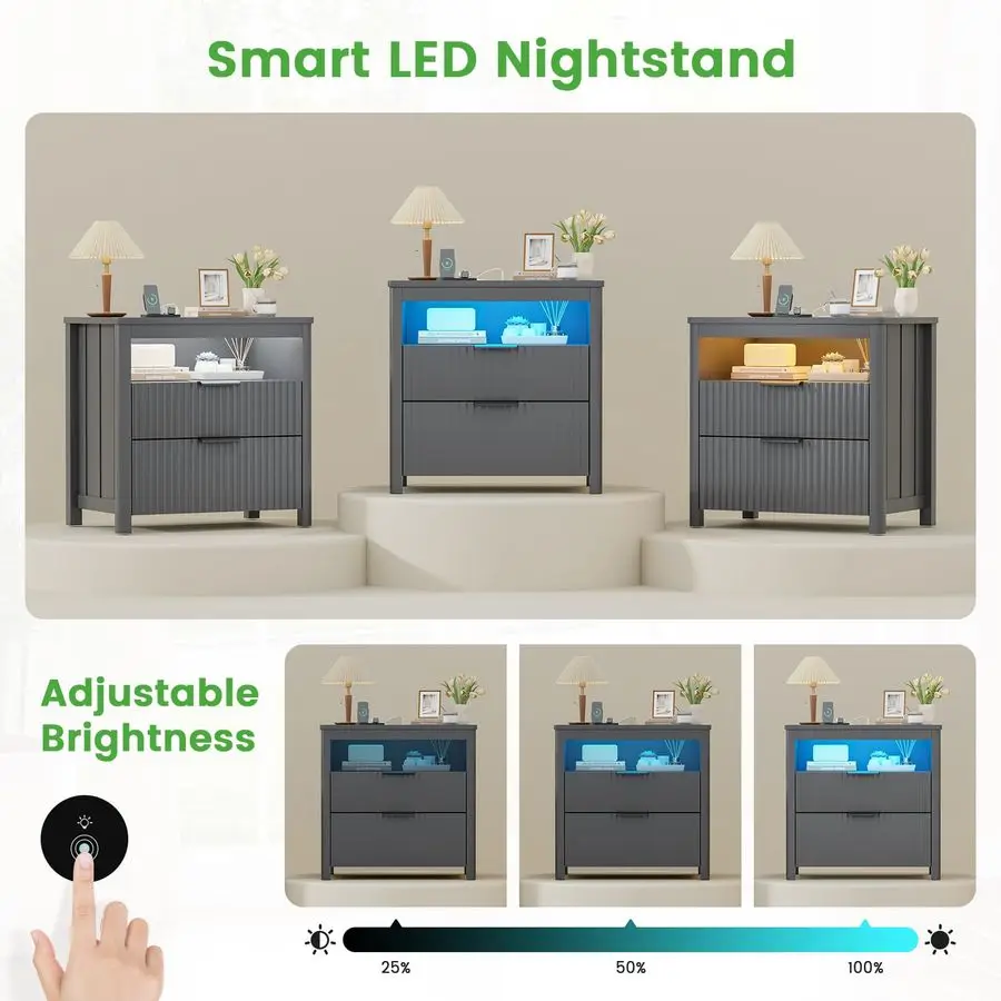 Conjunto de mesa de cabeceira de 23,6 polegadas 2 com gaveta de arma para quarto, mesinhas de cabeceira cinza com compartimento oculto, iluminação LED automática, carregamento St