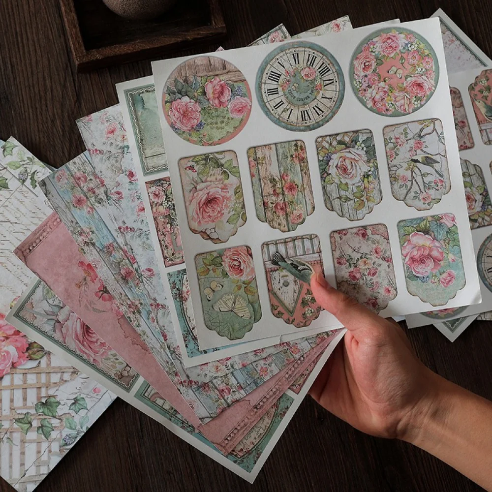 

12 Sheet Vintage Rose Garden Scrapbook Paper, Afternoon Tea Floral & Bird Design for Junk Journals, Decoupage, Ephemera Crafting