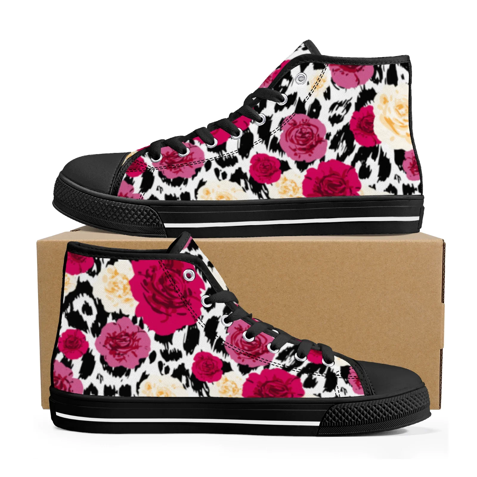 Leopard  rose print classic red high-top canvas shoes with l are flat and suitable for men and women view 5