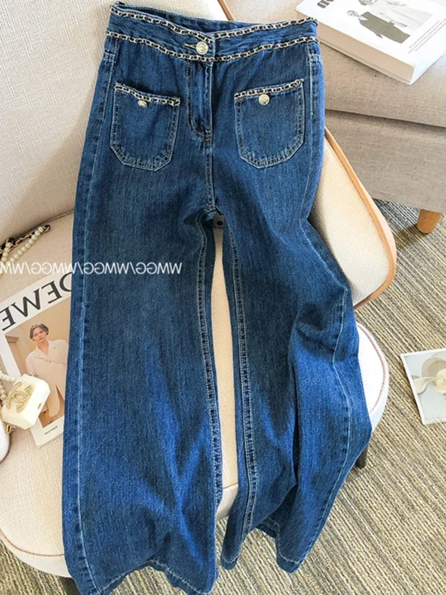 Heavy Industry Chain Decoration Loose Baggy Jeans Women's High Waist Casual Cotton Stretch Denim Pants 2023 Autumn New Trousers