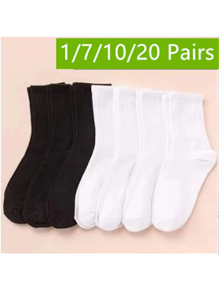 Chaussettes mi-longues pour femmes, classiques, noir, blanc, couleur unie, à la mode, décontractées, sport, absorbantes, respirantes, pour hommes, 1/7/10/20 paires