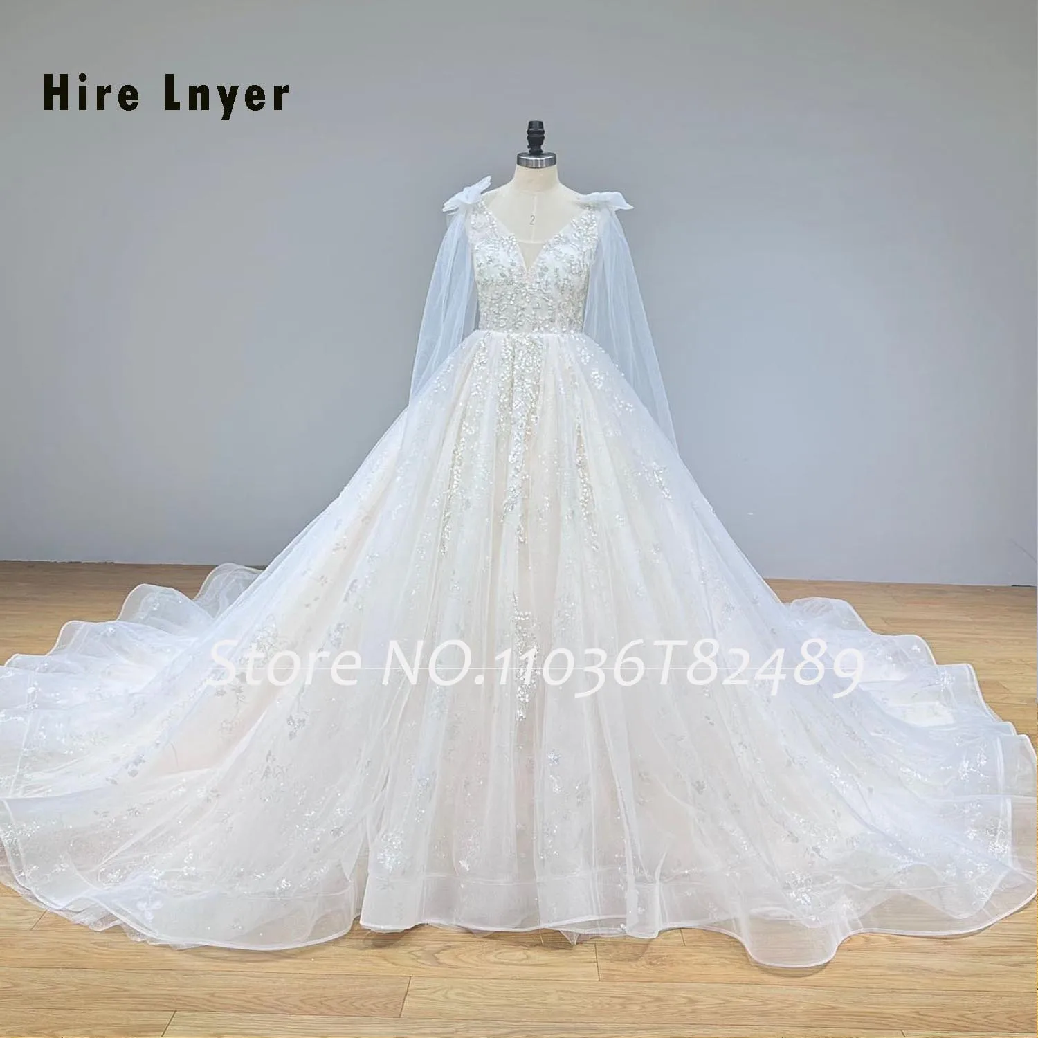 Hire Lnyer V-Neck Lace Up Back Bow Shoulder Straps Shiny Beading Pearls Gorgeous Ball Gown Wedding Dress With Chapel Train