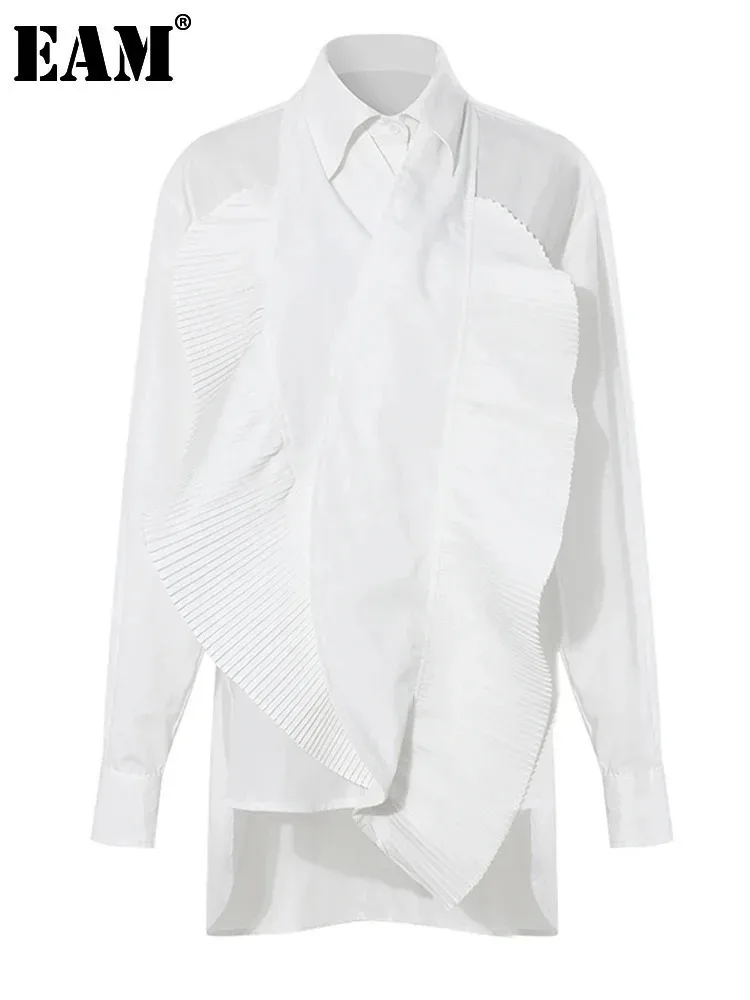 [EAM] Women White Pleated Irregular Elegant Big Size Blouse New Lapel Long Sleeve Shirt Fashion Tide Spring Autumn 2024 7AB3761